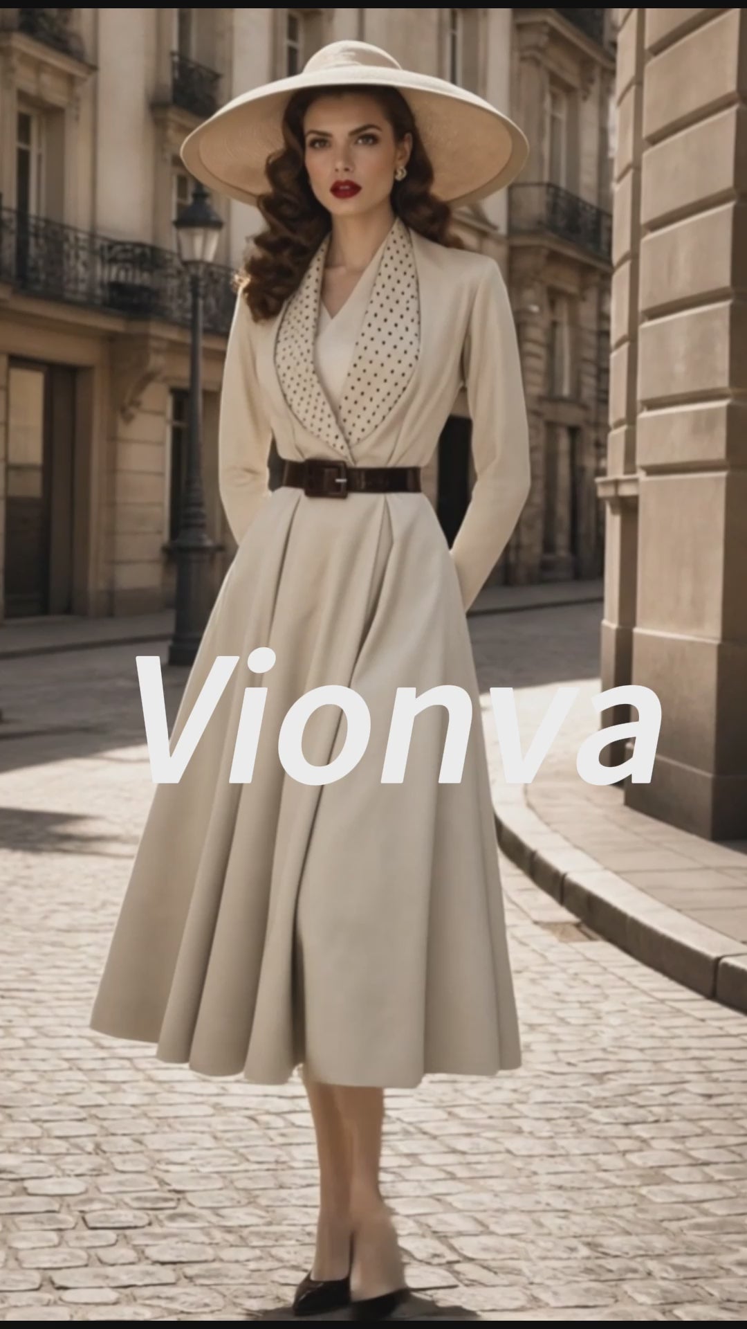 Vintage Cream Polka-Dot Belted A-Line Dress