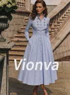 Vintage Light Blue Floral Embroidered Midi Dress