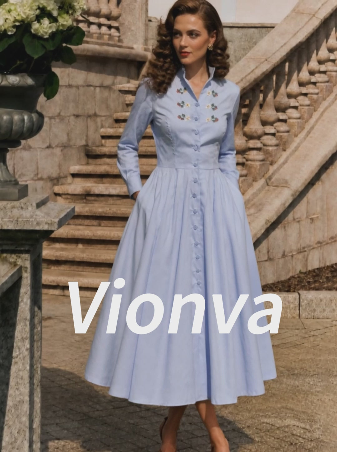 Vintage Light Blue Floral Embroidered Midi Dress