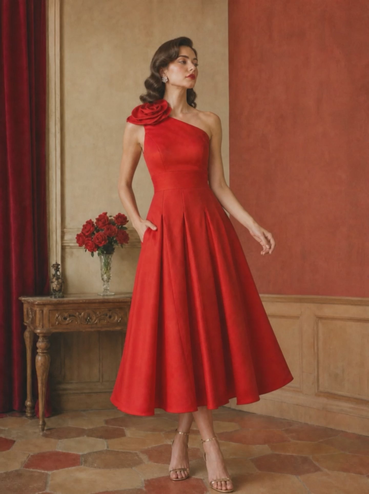 Red One-Shoulder 3D Rosette Cocktail Dress