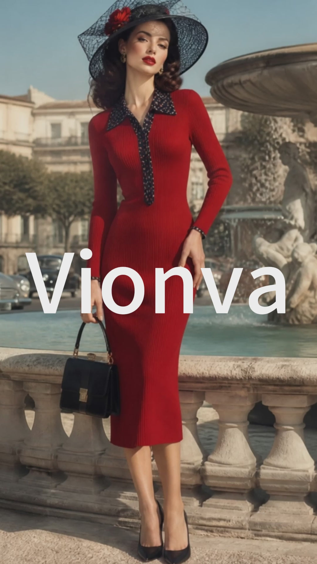 Vintage Red Polka-Dot Collar Ribbed Bodycon Knit Dress