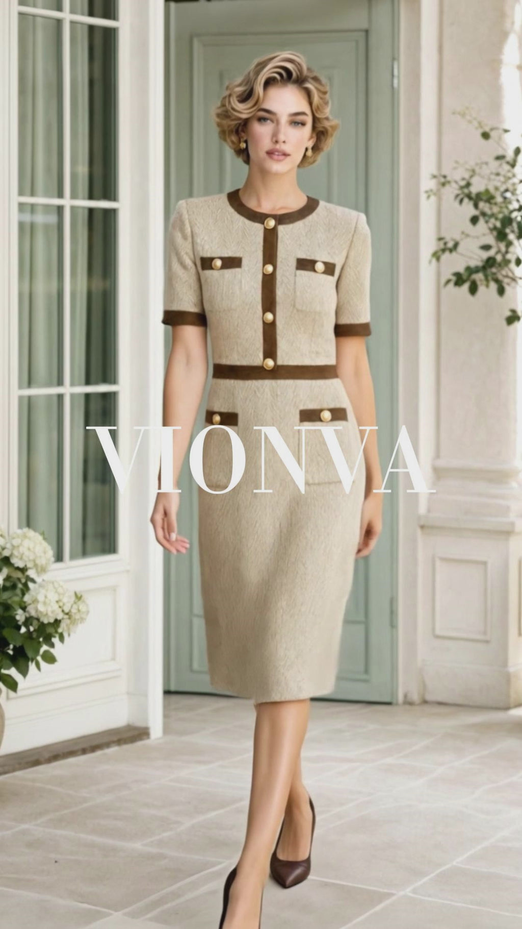 Retro Midi Contrast Trim Tweed Sheath Dress
