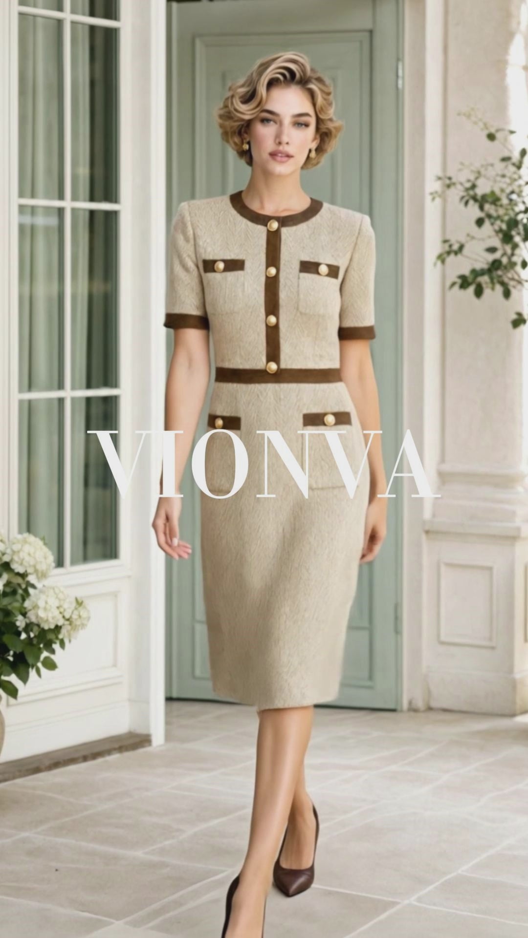 Retro Midi Contrast Trim Tweed Sheath Dress