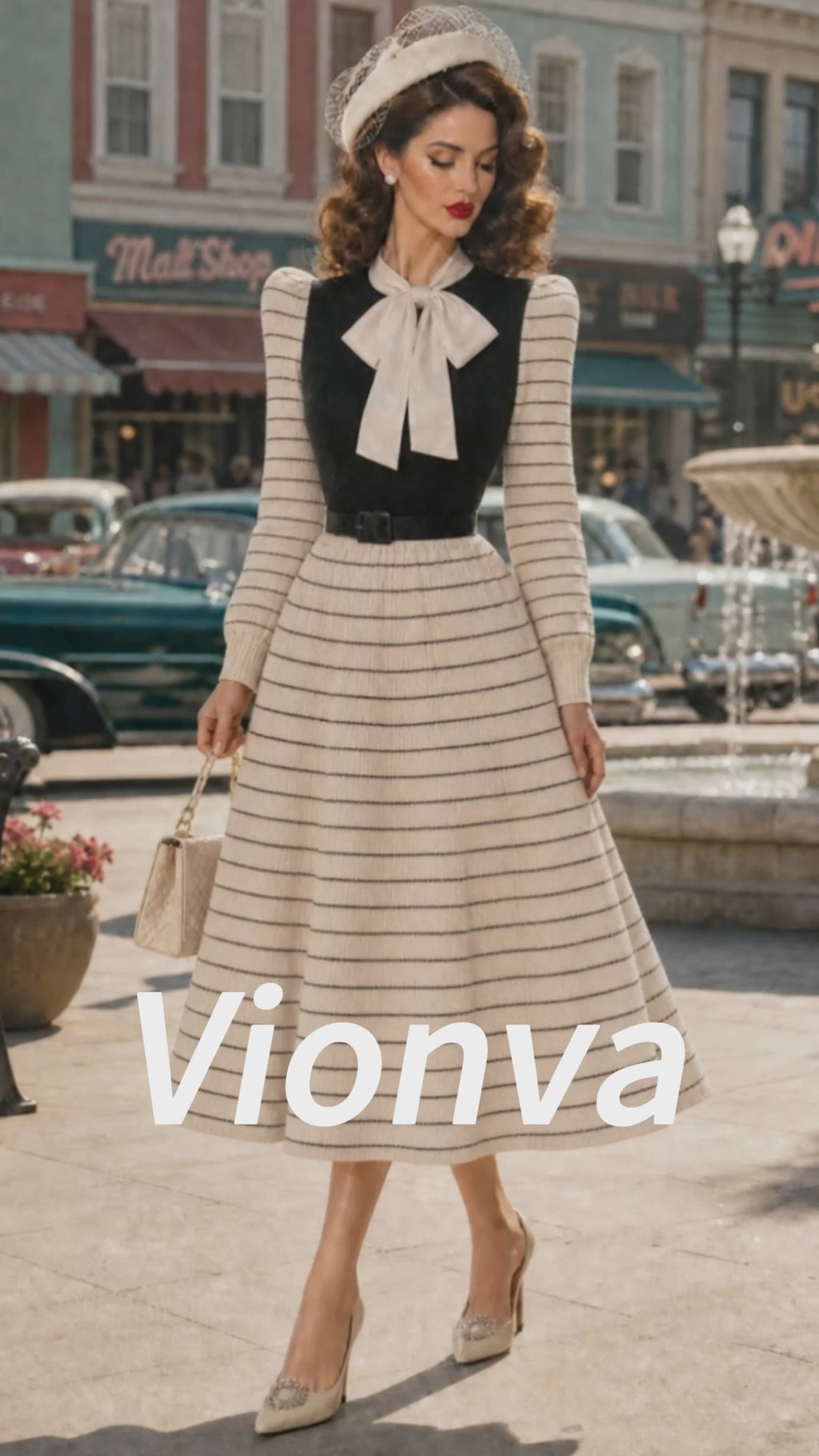 Vintage Cream Striped Bow-Tie Belted Knit Dress