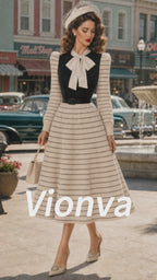 Vintage Cream Striped Bow-Tie Belted Knit Dress