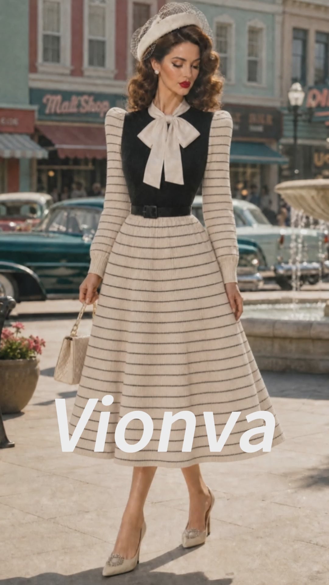 Vintage Cream Striped Bow-Tie Belted Knit Dress