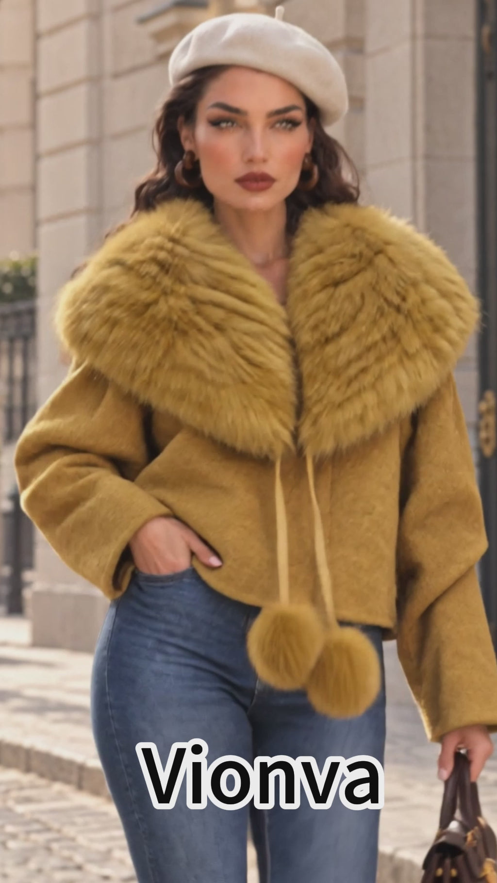 Vintage Mustard Faux Fur Shawl Collar Cropped Jacket