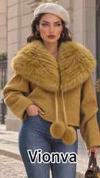 Vintage Mustard Faux Fur Shawl Collar Cropped Jacket