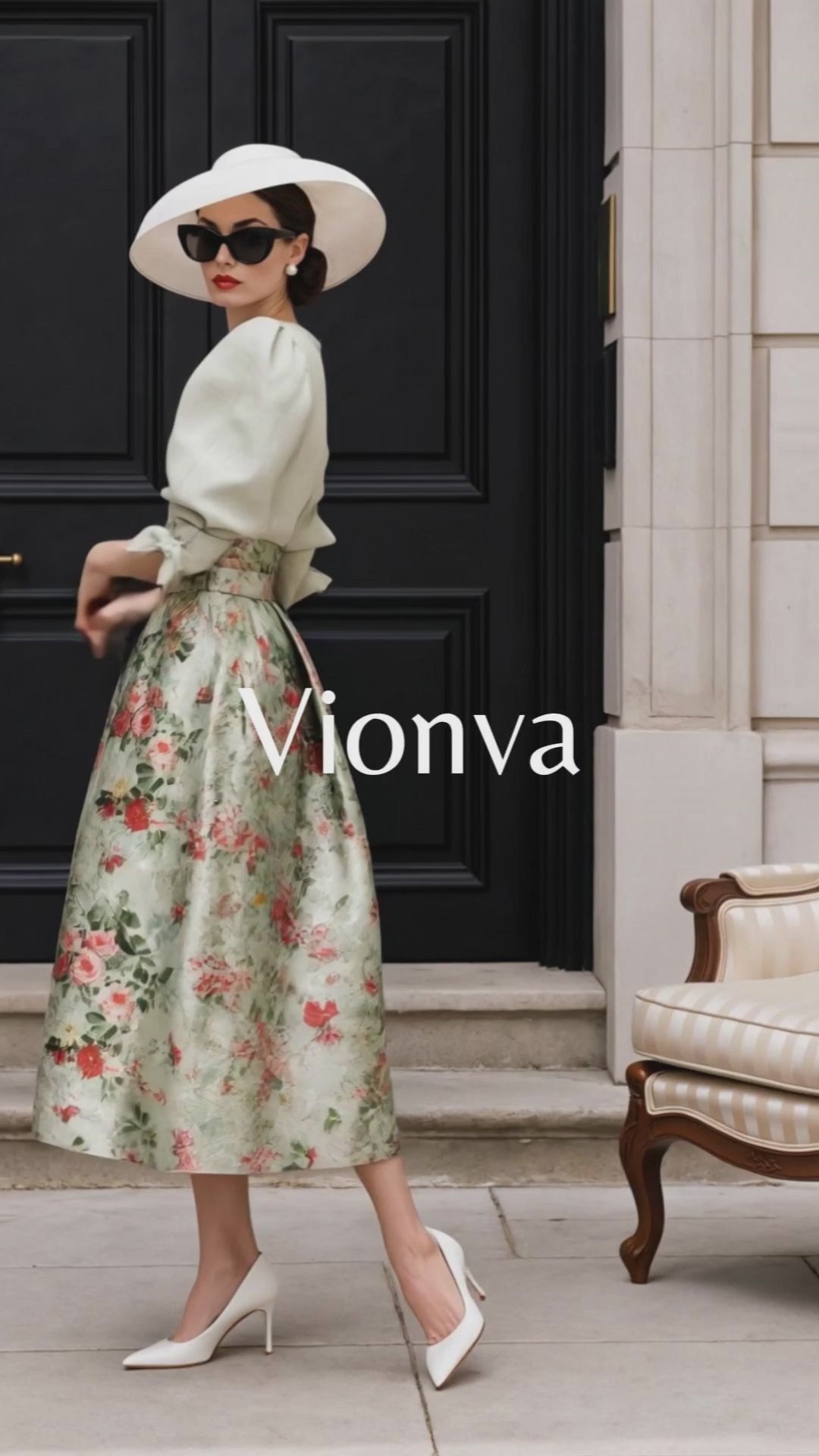 Vintage Pleated Blouse & Floral Print Skirt Two Piece Set