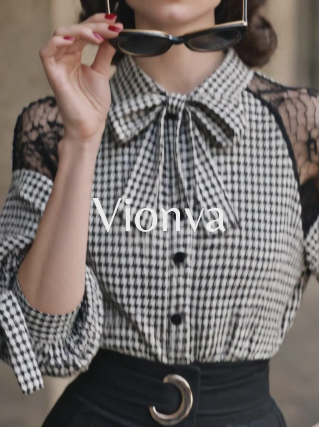 Vintage Plaid Lace Panels Puff Sleeves Blouse