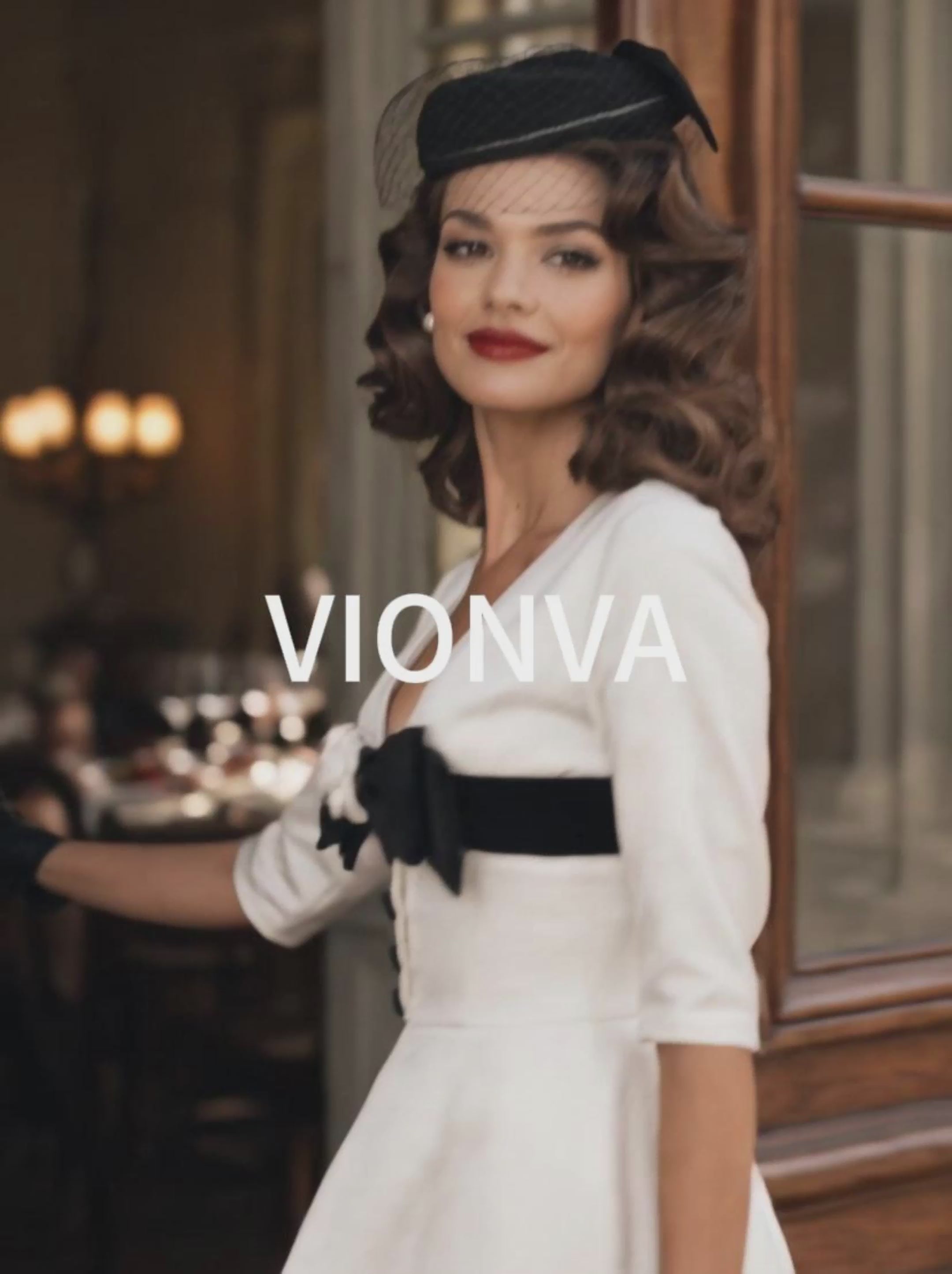 Vintage Hepburn V Neck Half Sleeve Camellia Bow Midi Dress