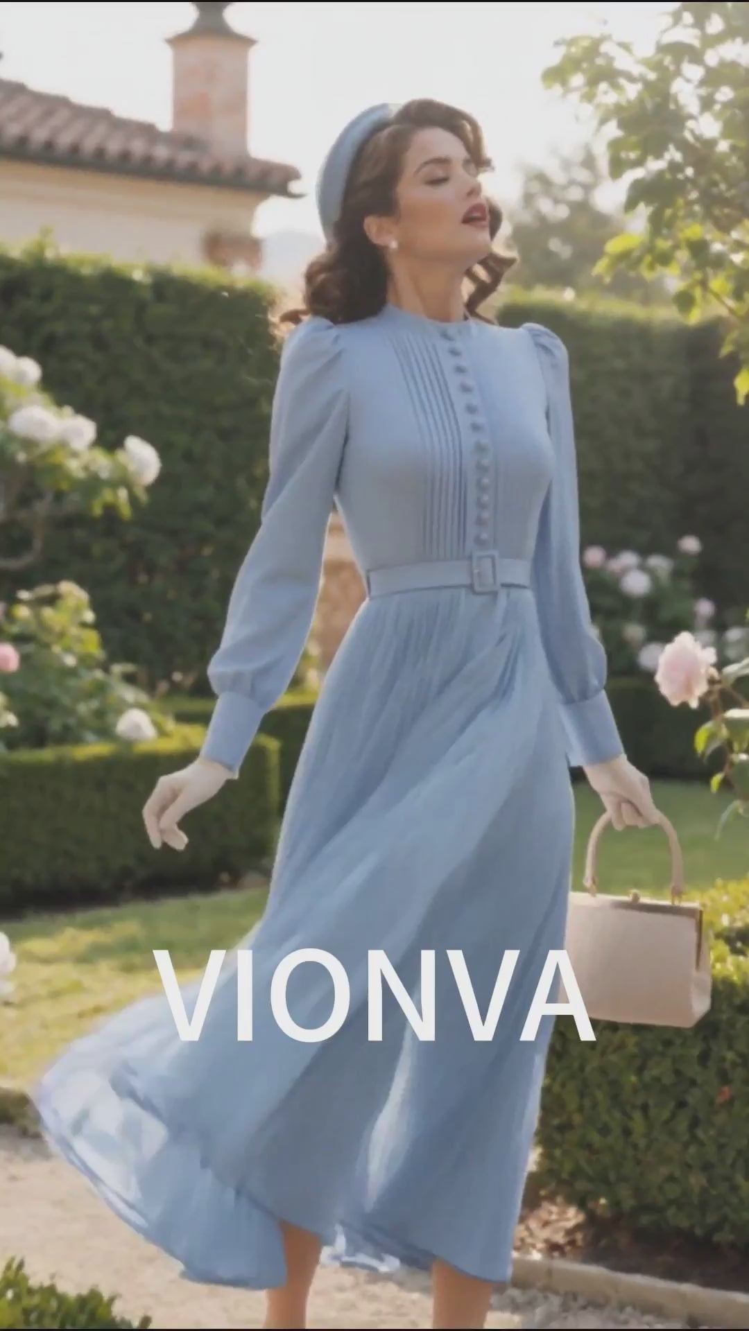 Vintage Stand Collar Pleated Puff Sleeve Belted A‑Line Midi Dress