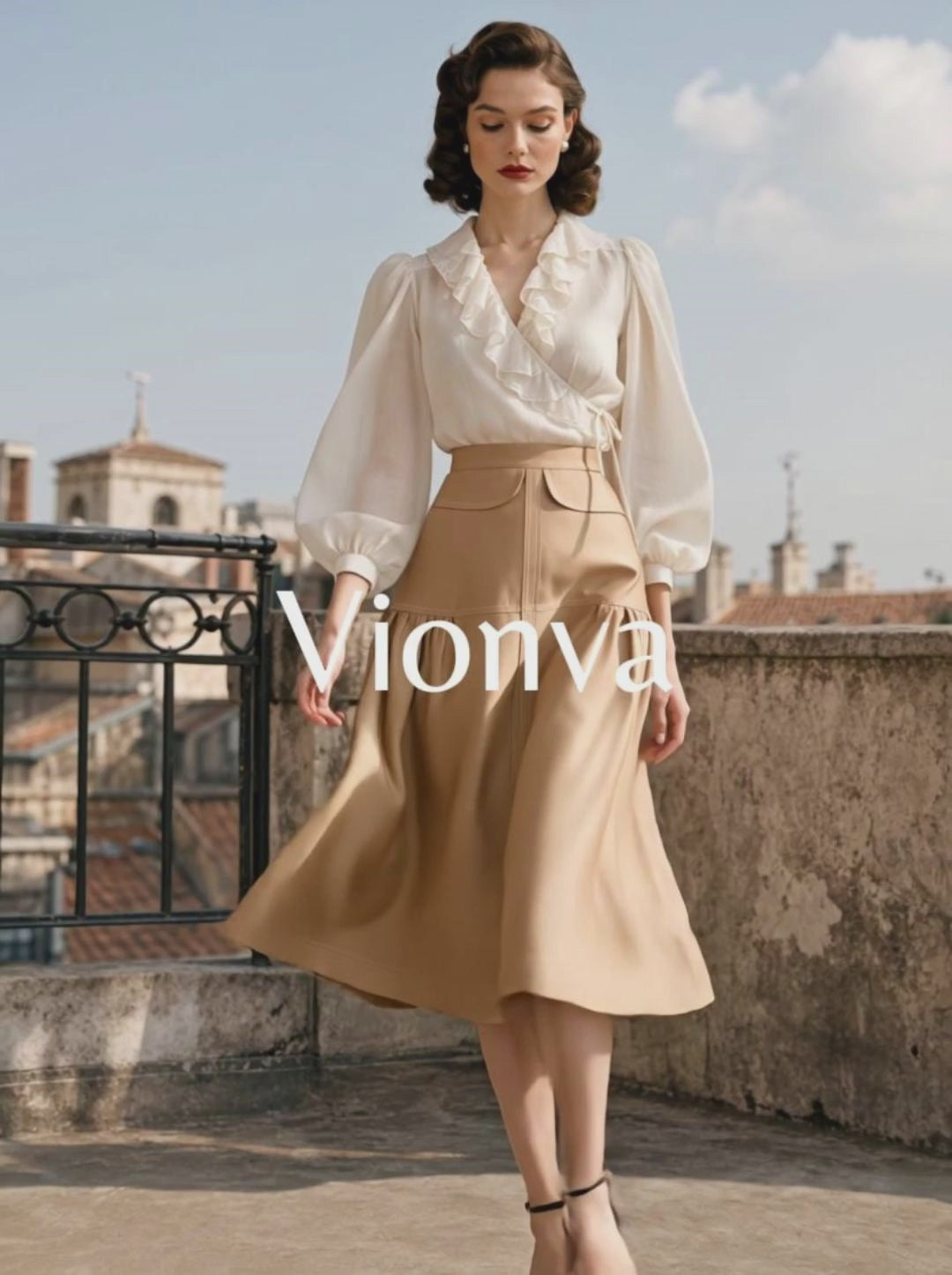 Vintage Ruched High-waisted Swing Midi Skirt
