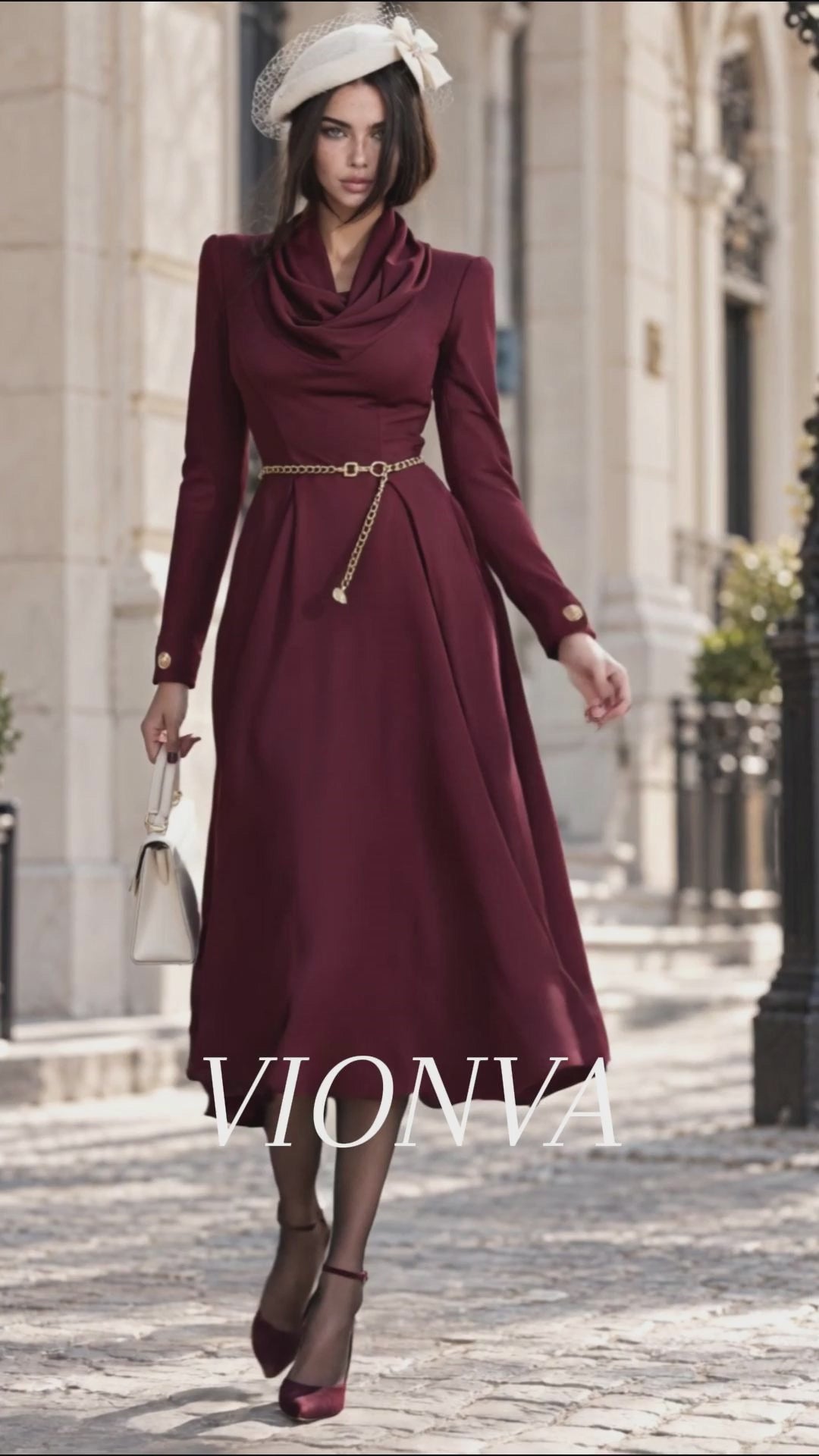 Vintage Elegant Cowl Neck Belted Flared Midi Dress