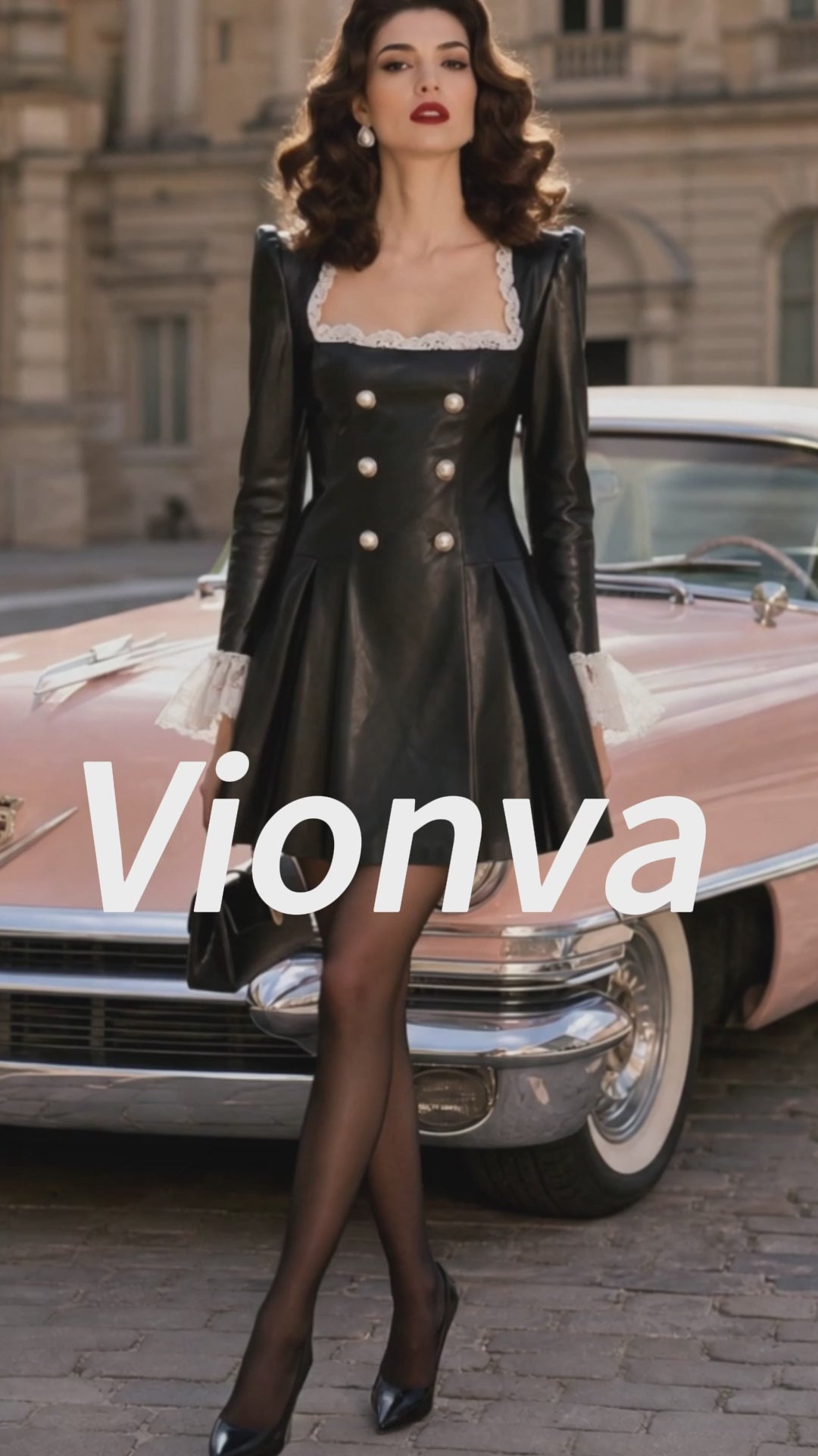 Vintage Black Faux Leather Lace-Trim Mini Dress