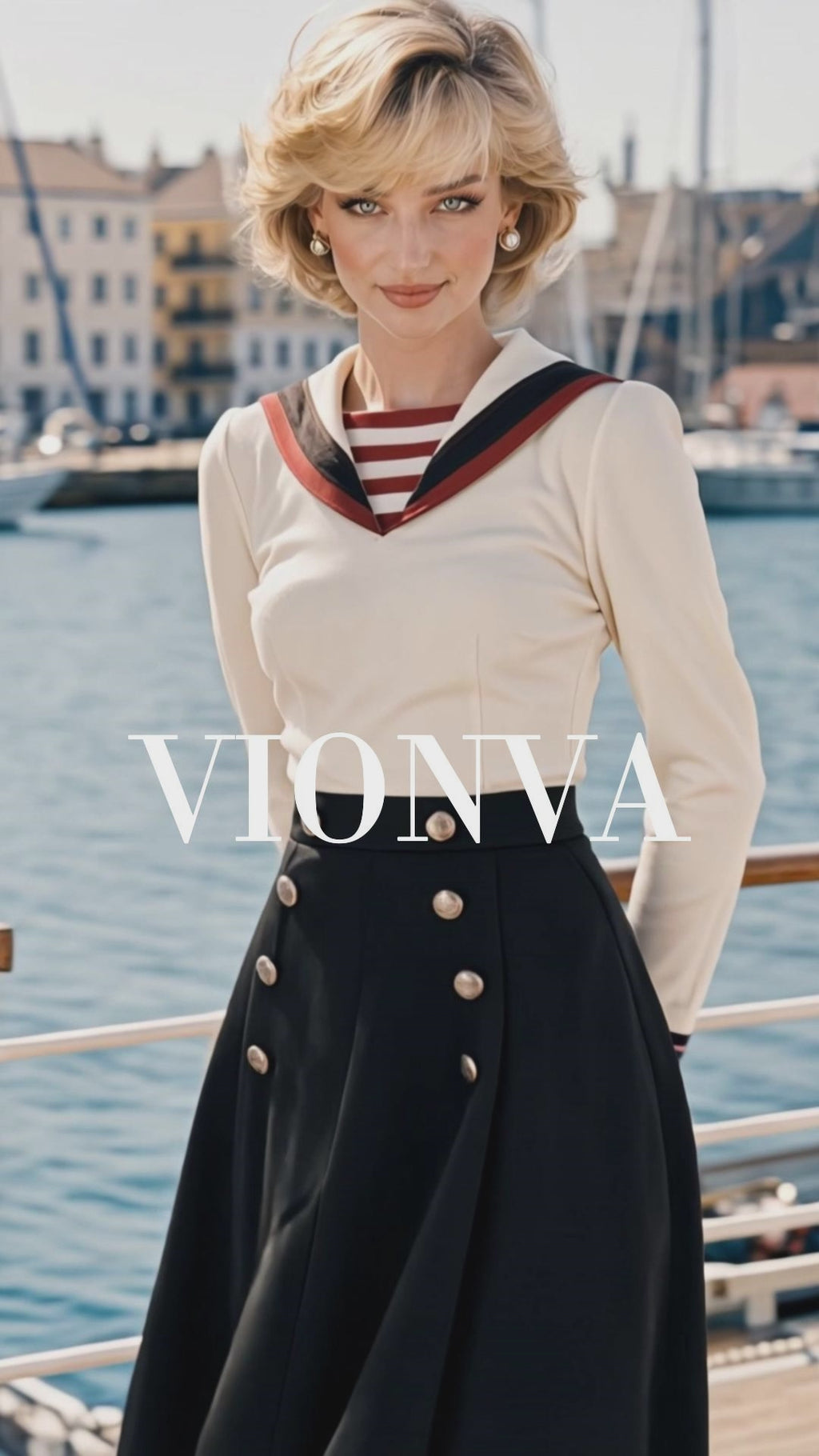 Retro Vintage Sailor Collar Midi Skirt Two‑Piece Outfit
