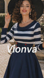 Vintage Navy Striped Boat-Neck A-Line Midi Dress