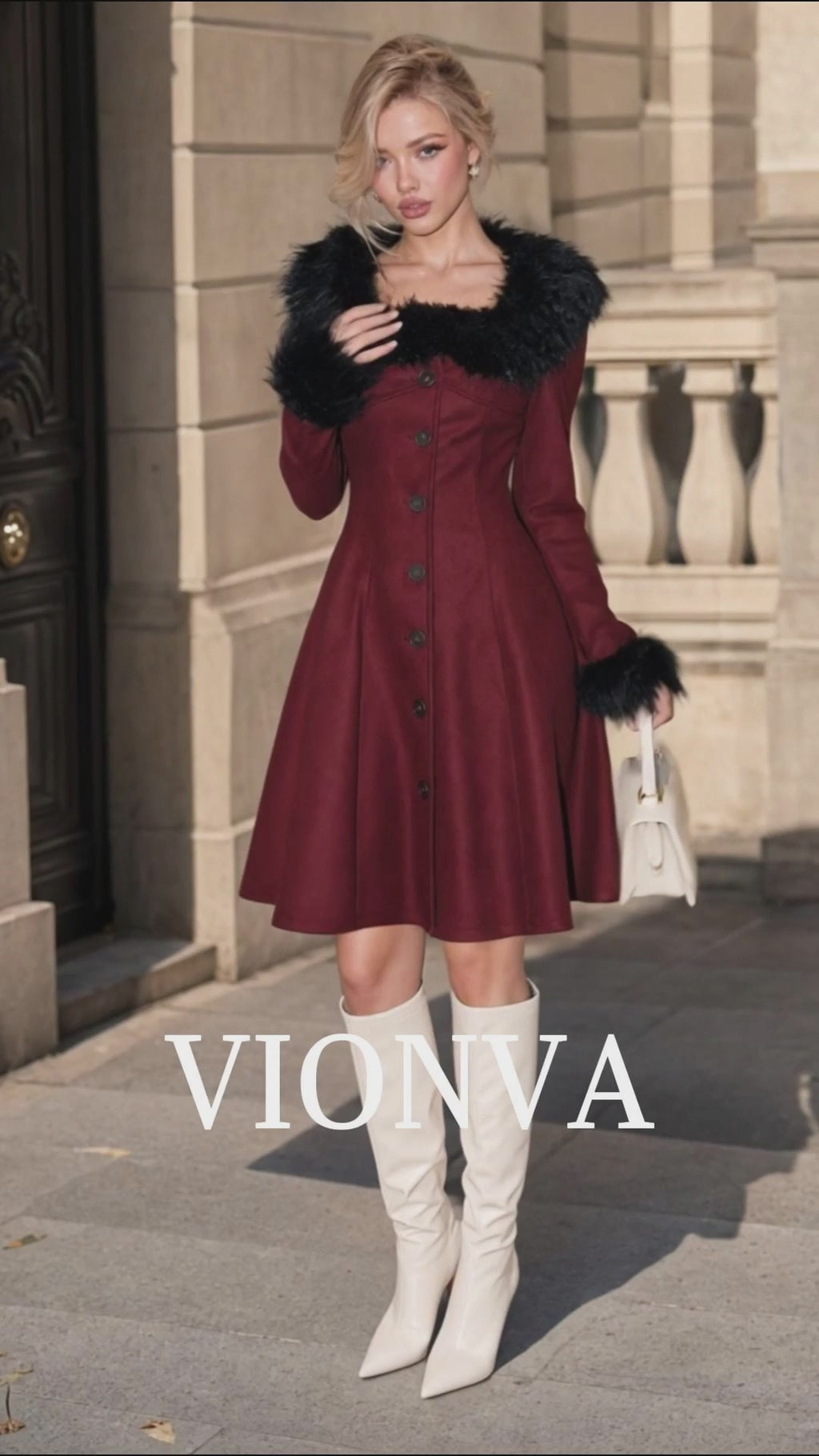 Vintage Wine Red Faux Fur Collar Cuff Long Sleeve A‑Line Midi Dress