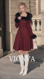Vintage Wine Red Faux Fur Collar Cuff Long Sleeve A‑Line Midi Dress