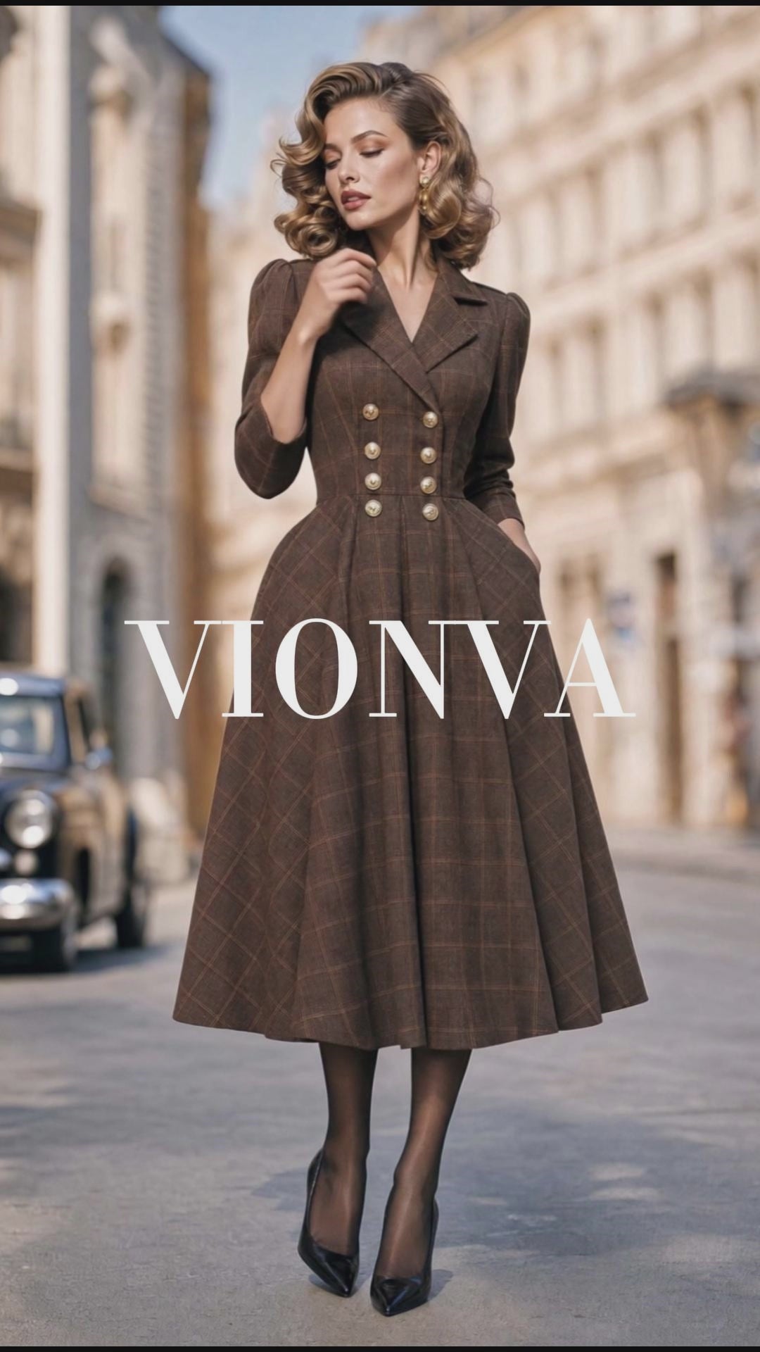 Vintage Plaid Double‑Breasted Midi Dress
