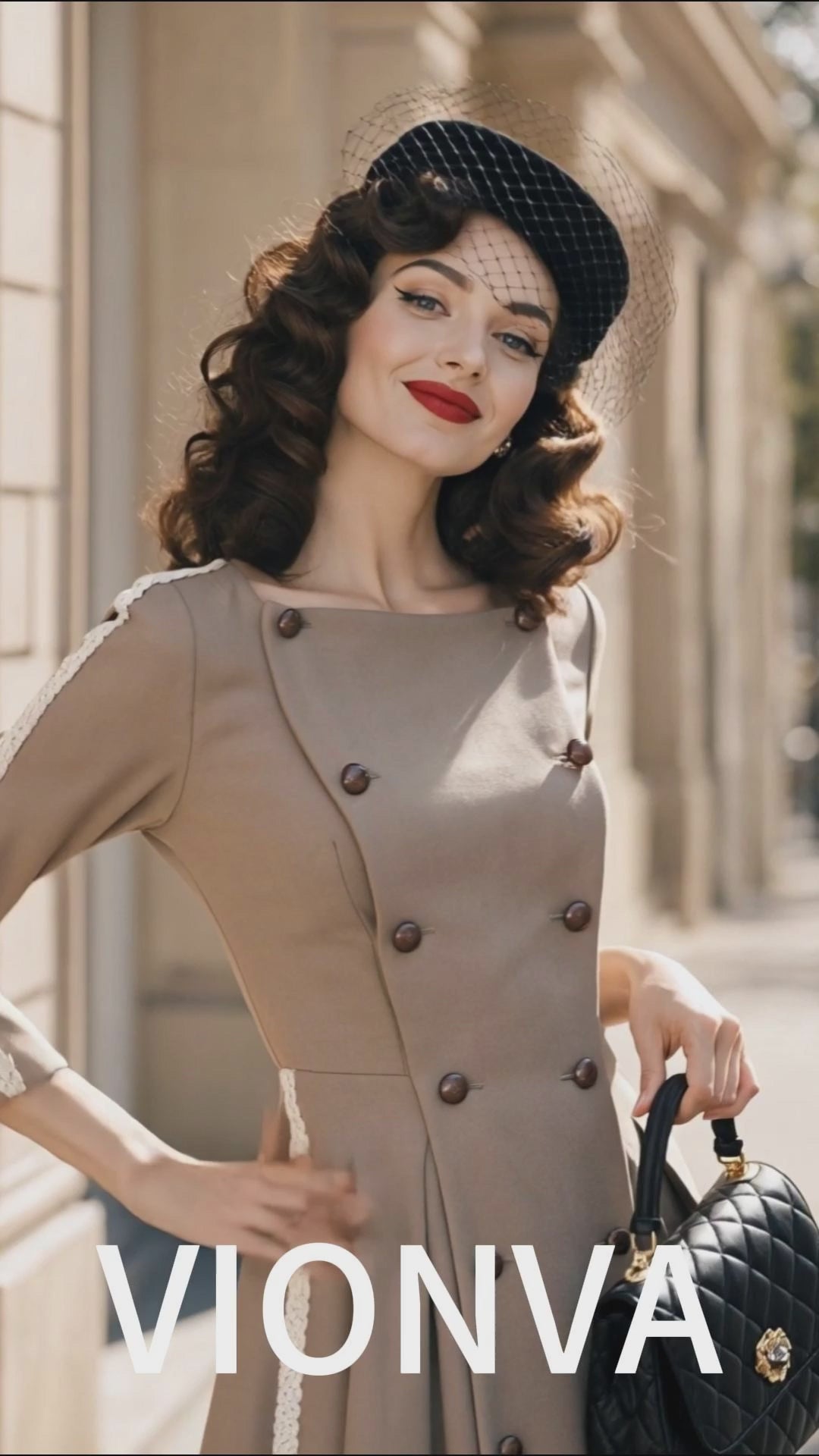 Vintage 1950s Double Breasted Lace Trim Swing Midi Dress