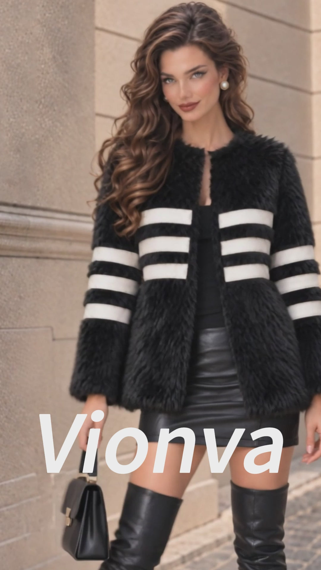Vintage Striped Collarless Faux Fur Jacket