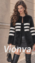 Vintage Striped Collarless Faux Fur Jacket