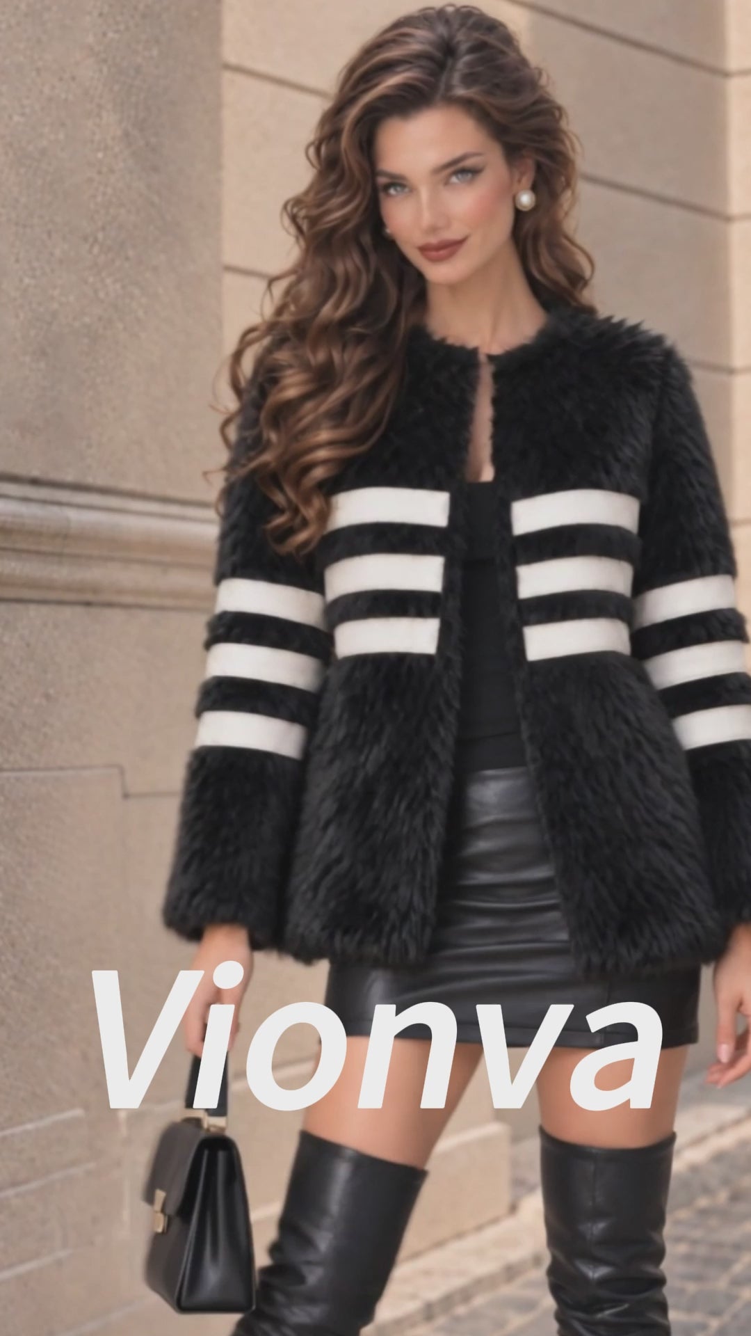 Vintage Striped Collarless Faux Fur Jacket