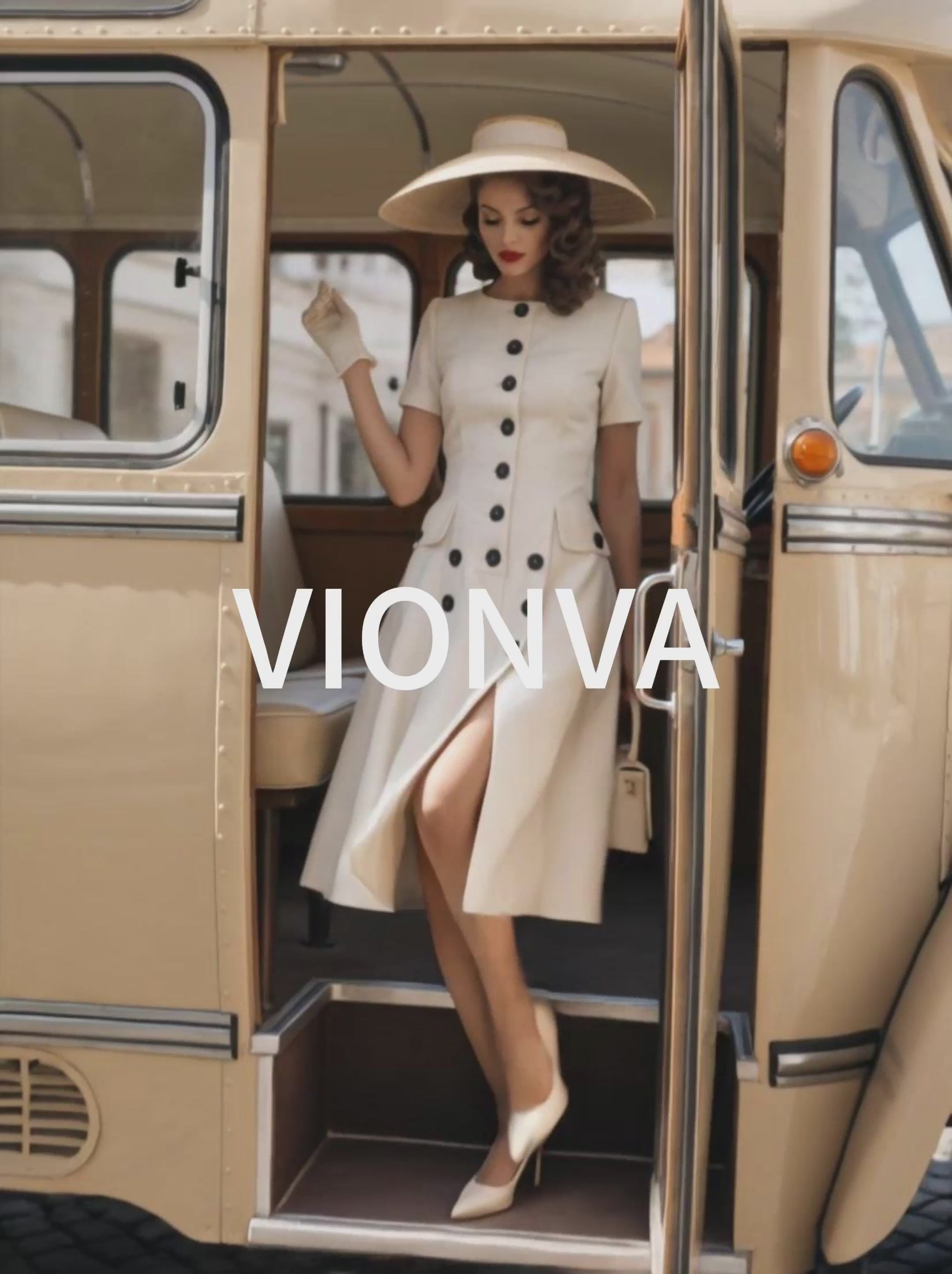 Vintage Cream Round Neck Button Front Split Midi Dress