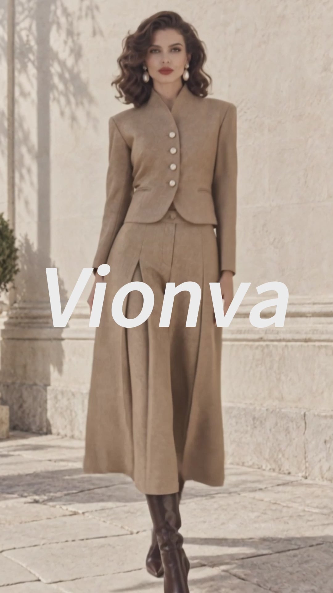 Vintage Pearl-Button Stand-Collar Wool Cropped Jacket