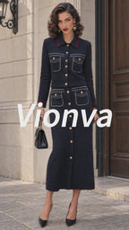 Vintage Topstitch Gold-Button Knit Cardigan Skirt Set