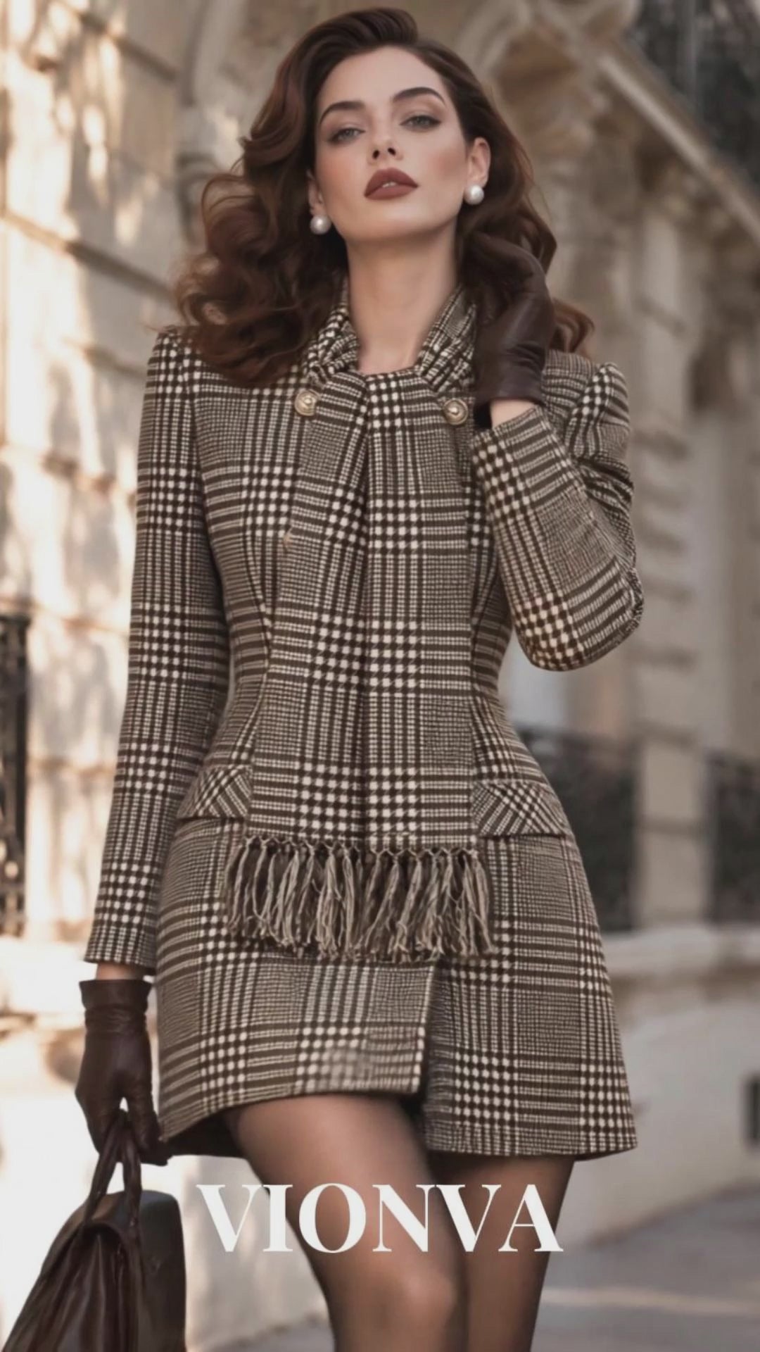 Vintage Double Breasted Plaid Blazer Dress & Scarf 2-Piece Set