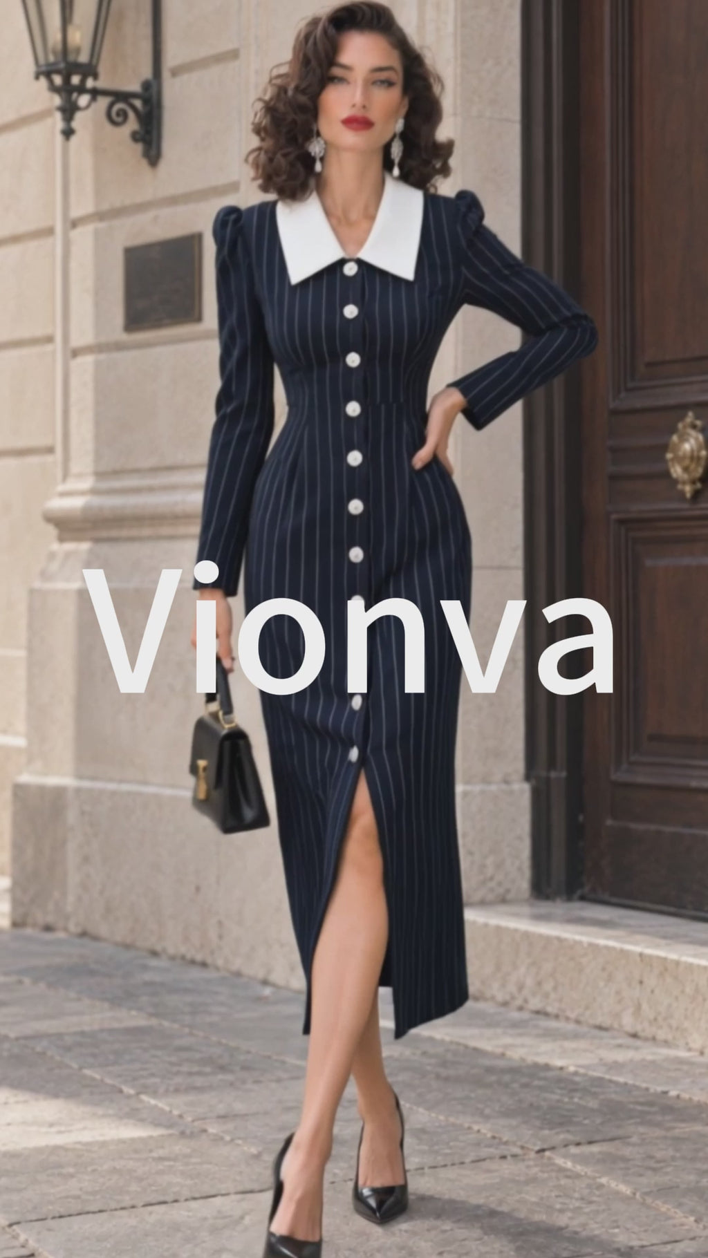 Vintage Navy Pinstripe-Print Pearl-Button Midi Dress