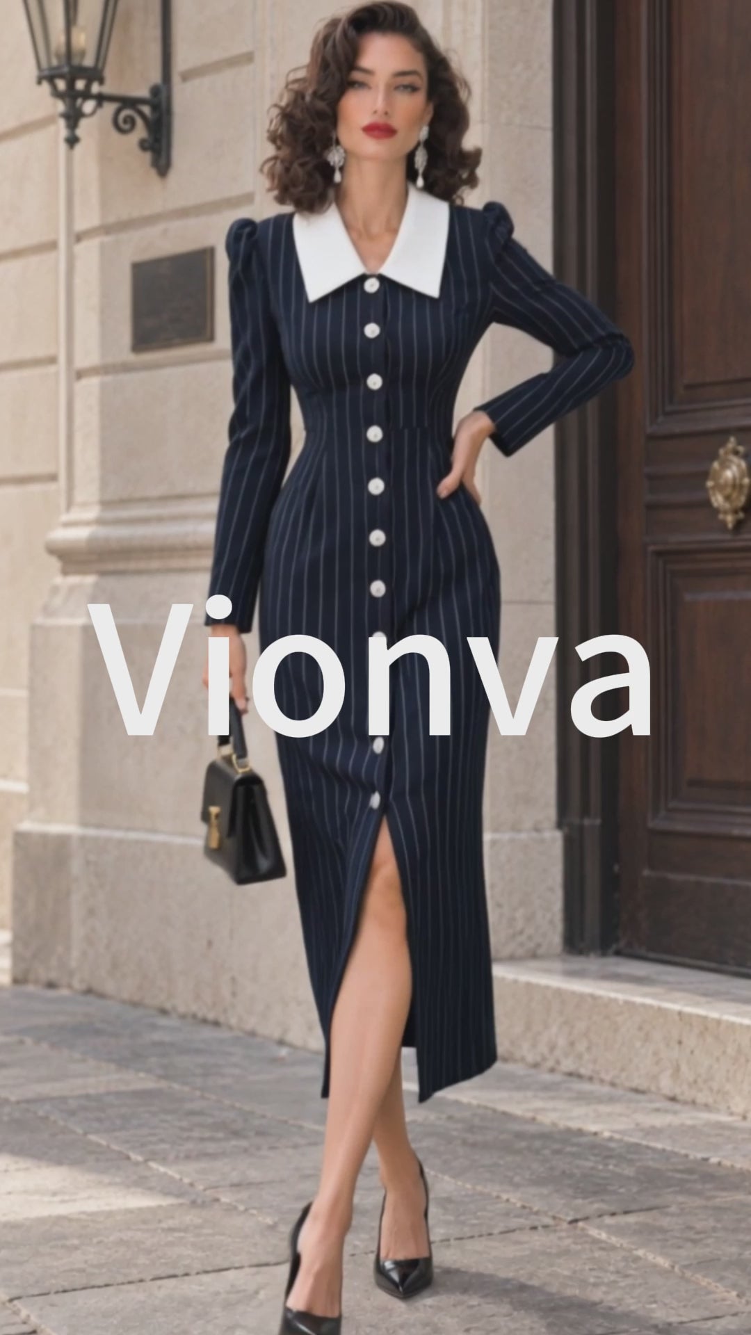 Vintage Navy Pinstripe-Print Pearl-Button Midi Dress