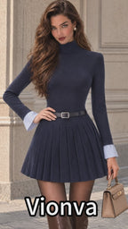 Vintage Navy Turtleneck Striped Cuff Pleated Mini Dress With Belt
