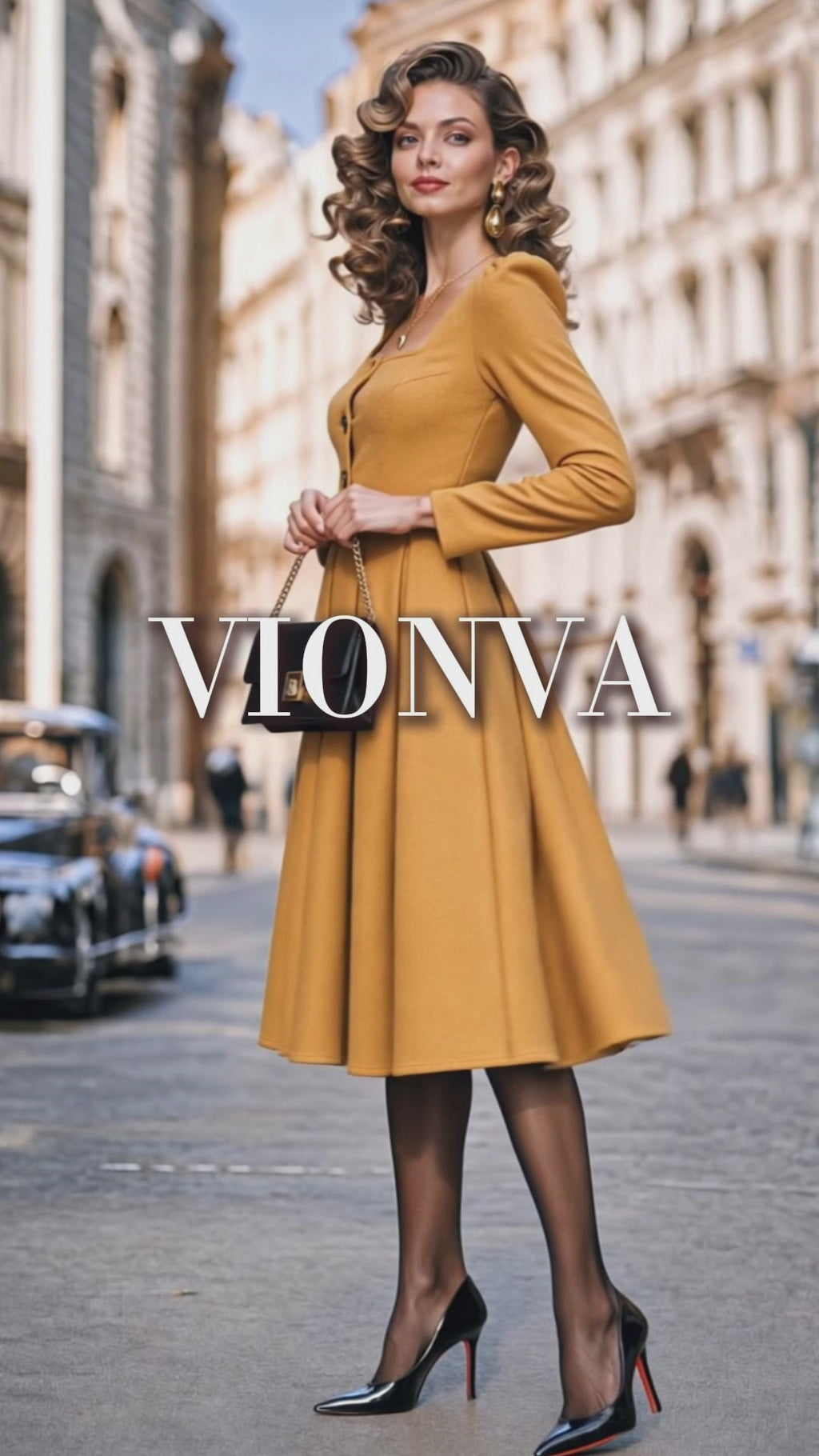 Vintage Square Neck Pleated Midi Dress