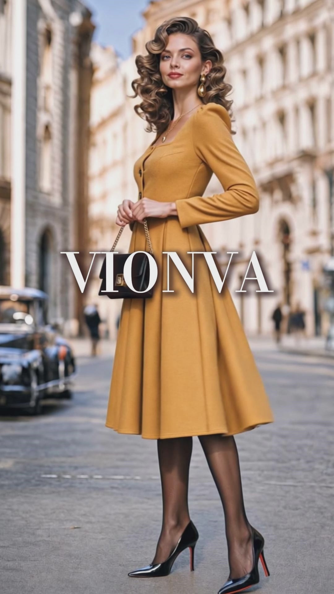 Vintage Square Neck Pleated Midi Dress
