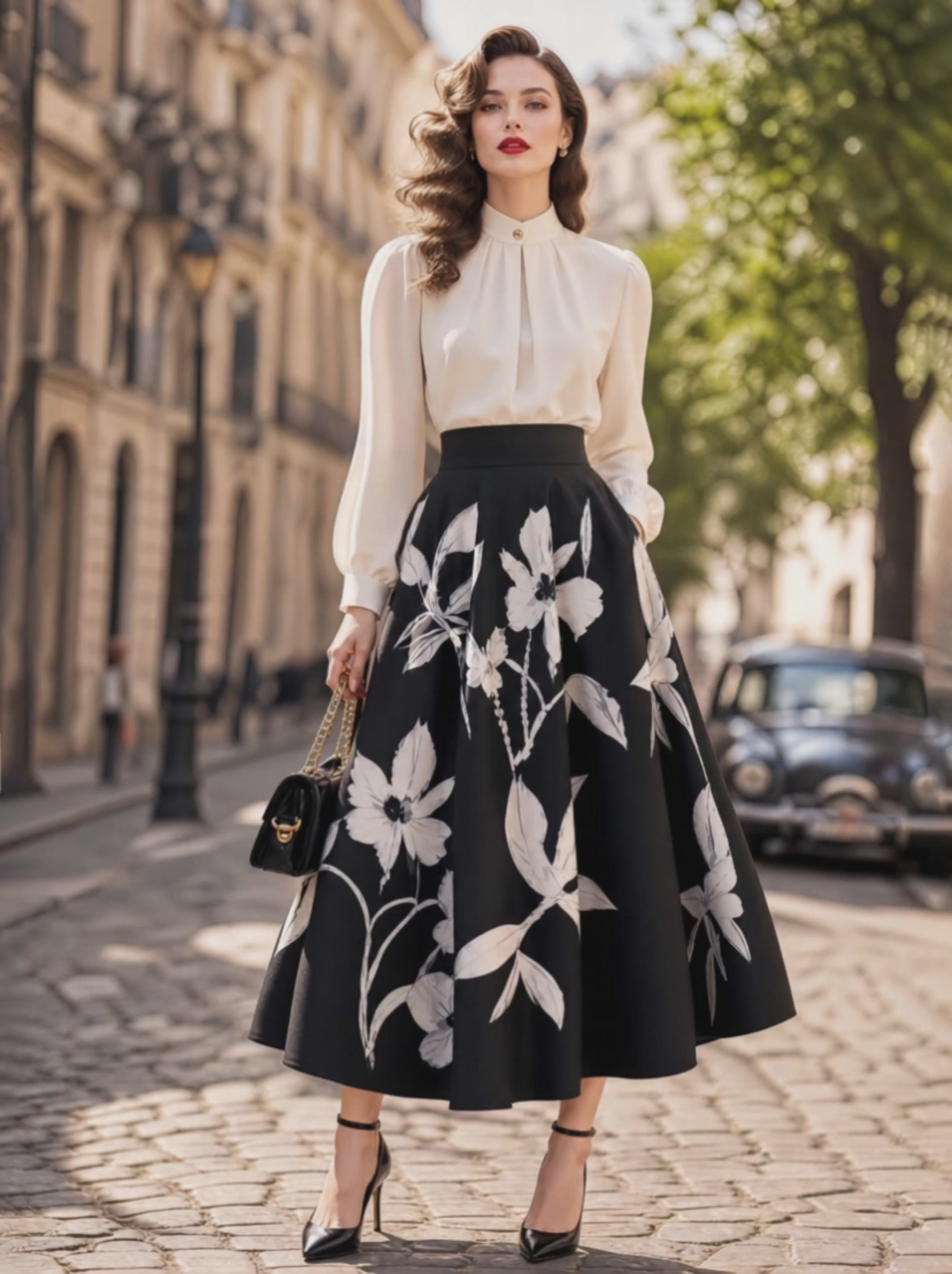 Vintage Black White Floral Print Maxi Swing Skirt