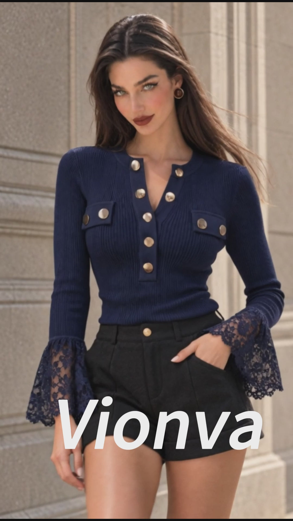 Vintage Ribbed Lace Cuff Henley Shirt
