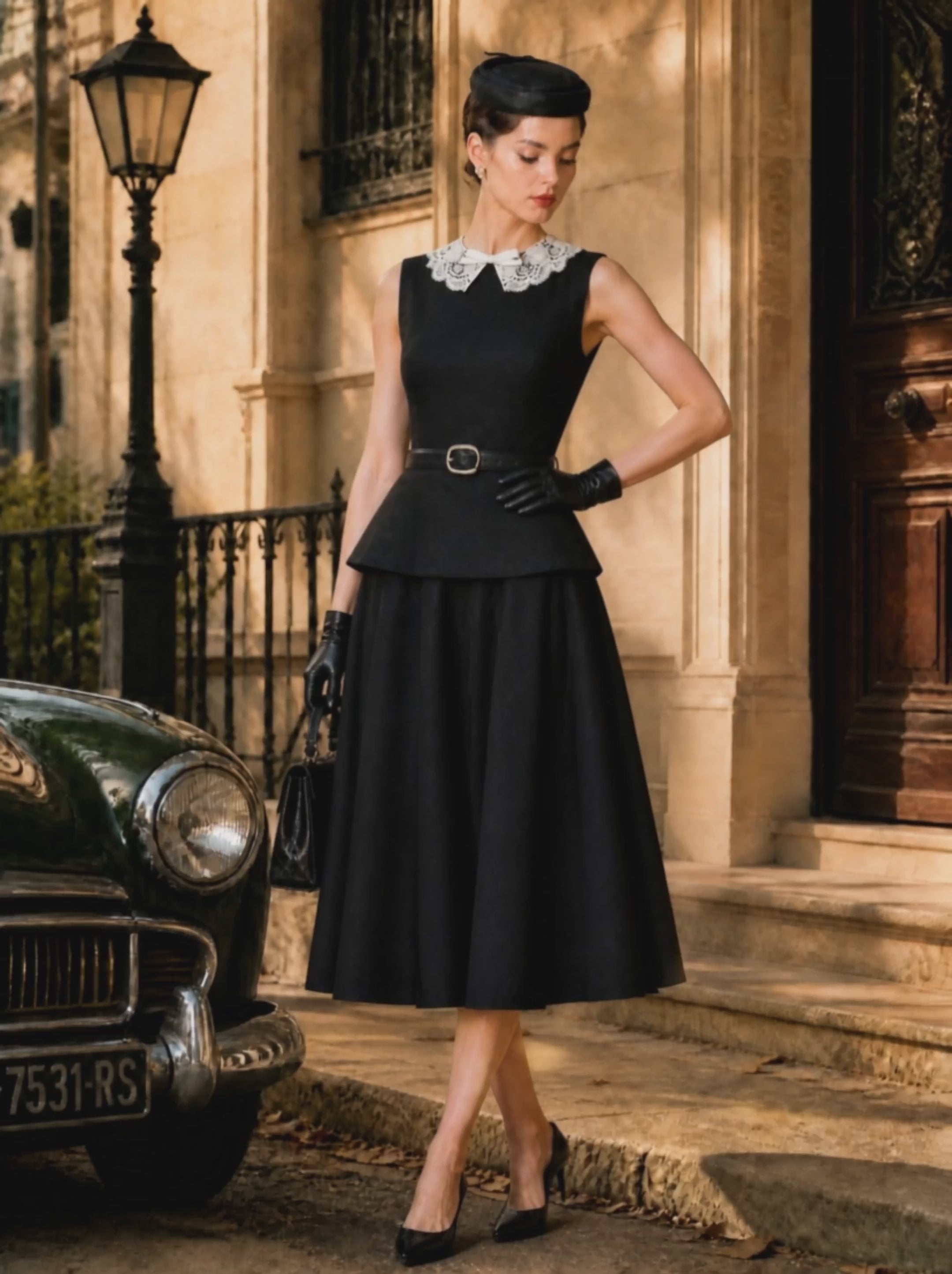 Vintage Black Lace-Collar Sleeveless Two-Piece Set