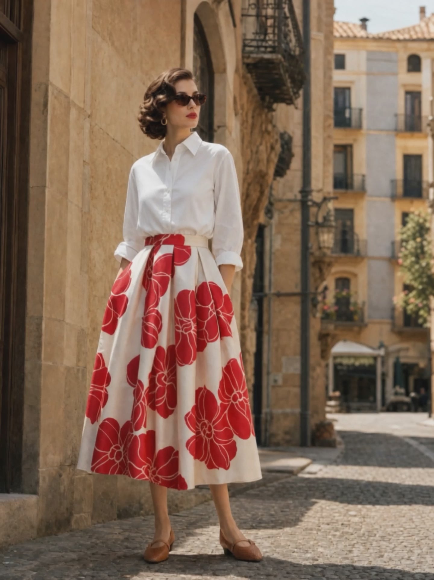Vintage Floral Print High-Waist Box-Pleated A-Line Midi Skirt