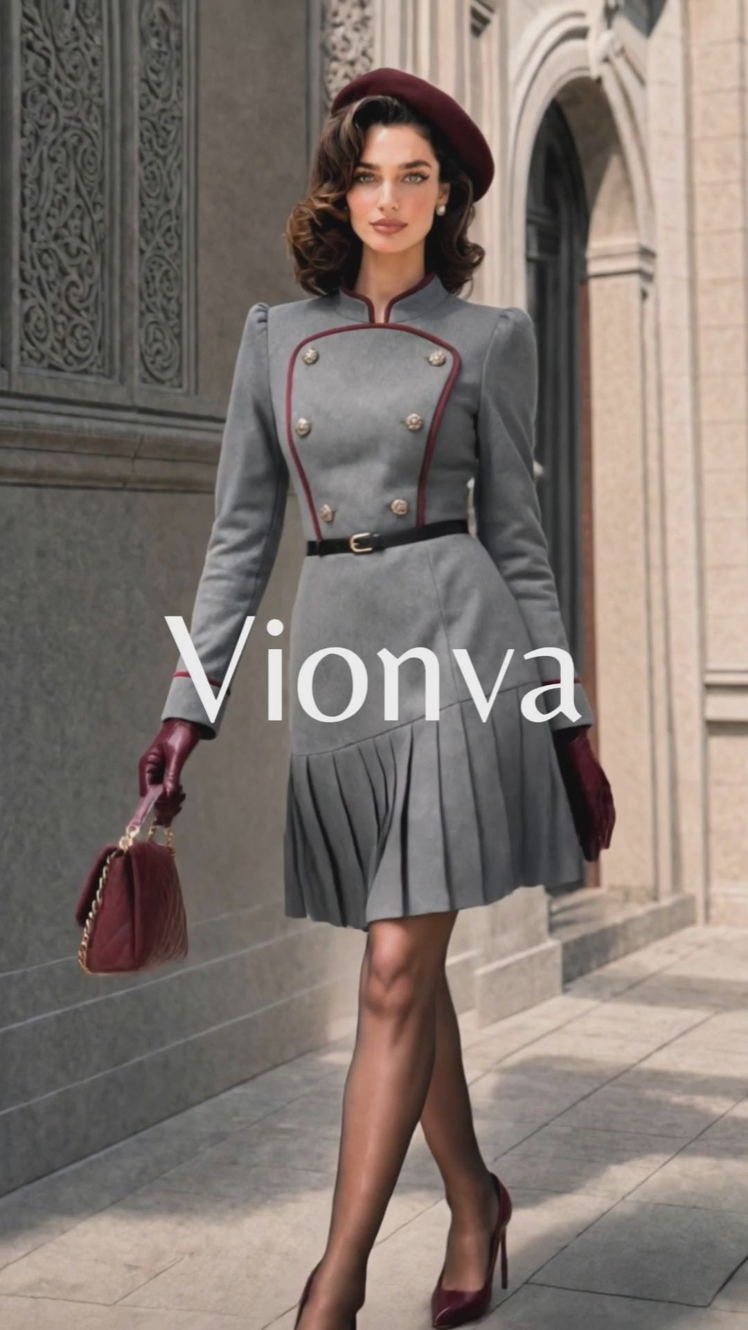 Vintage Contrast Piping Stand Collar Pleated Midi Dress