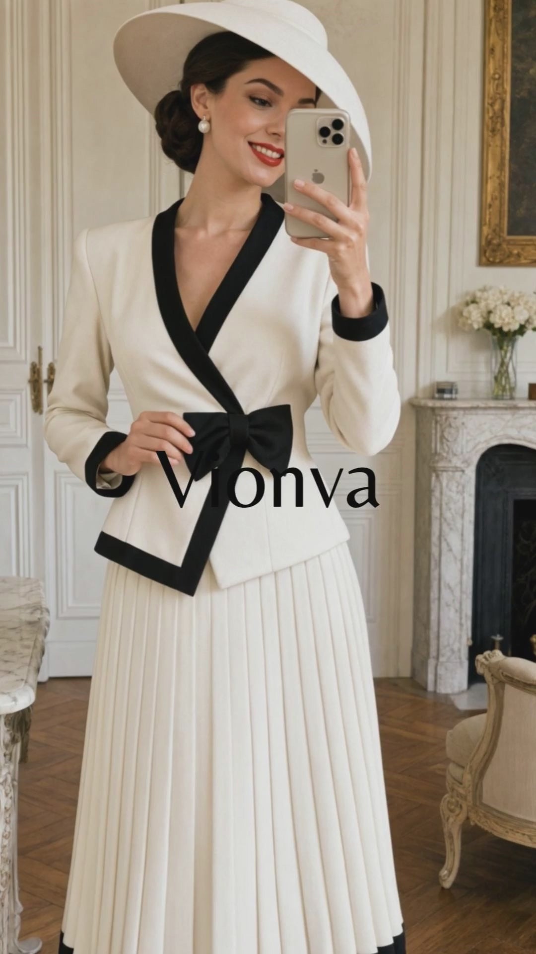 Vintage Color Block Bow Pleated Skirt Set