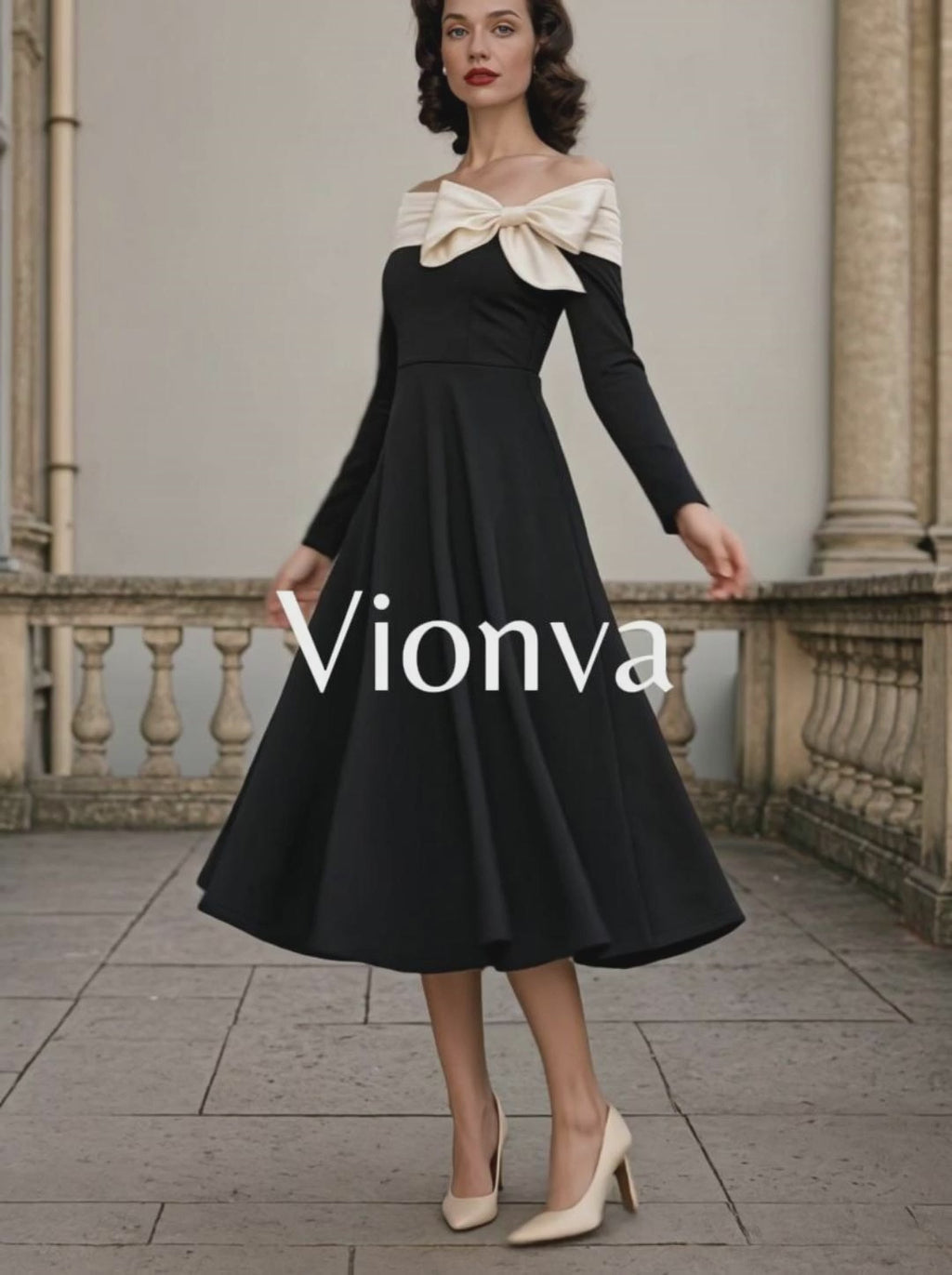 Vintage Off-shoulder Bow Tie Straps Midi Dress