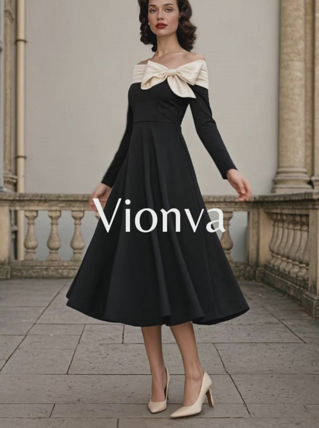 Vintage Off-shoulder Bow Tie Straps Midi Dress