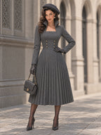 Charcoal Grey Long Sleeve Pleated Midi Dress