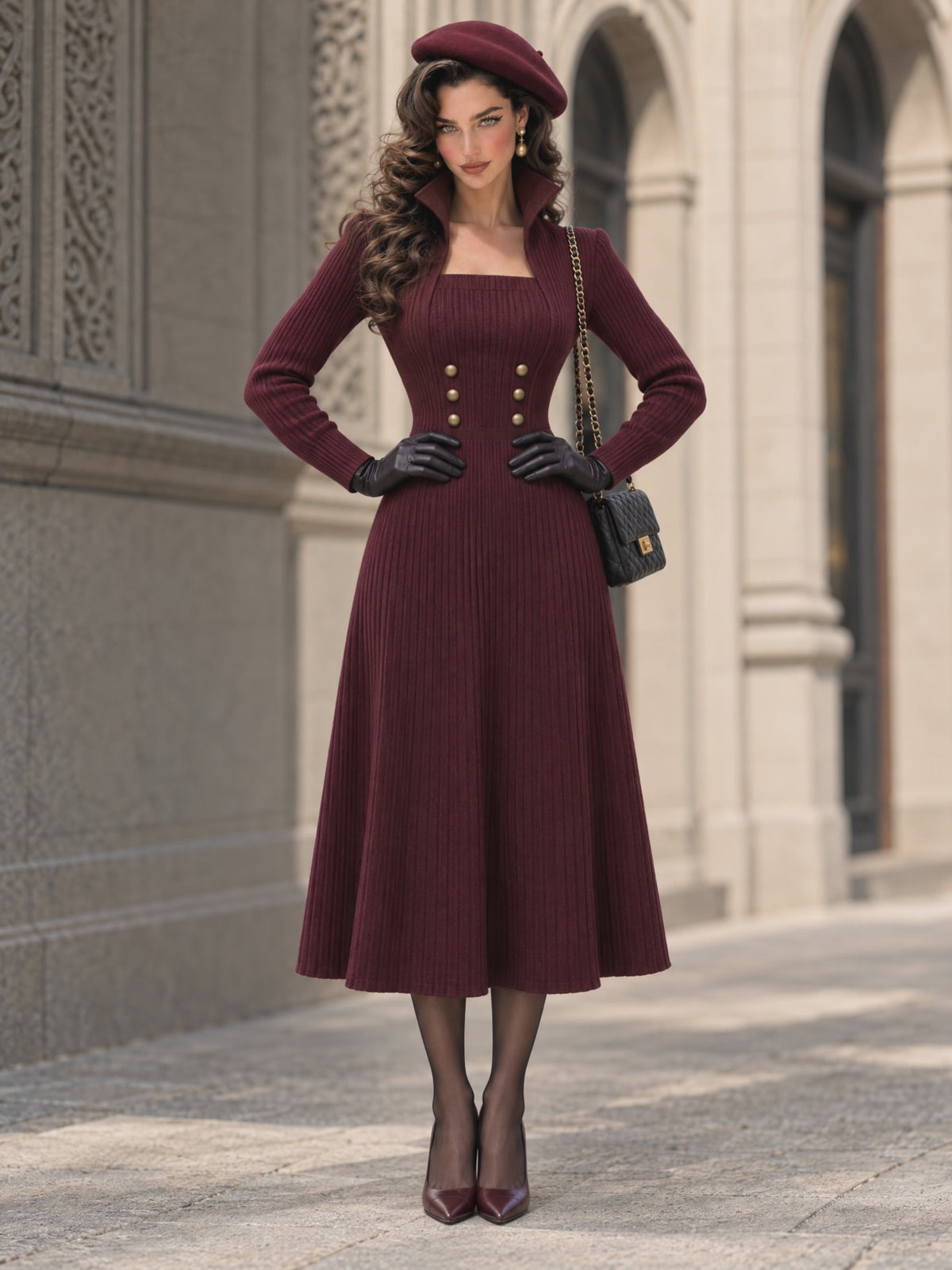 Burgundy Ribbed Knit Long-Sleeve Square-Neck Midi Dress