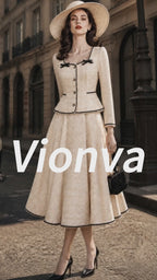 Vintage Cream Tweed Bow-Trim Peplum Jacket Skirt Set