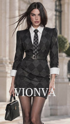 Vintage Argyle Two-Piece Illusion Collared Tie Belted Bodycon Mini Dress