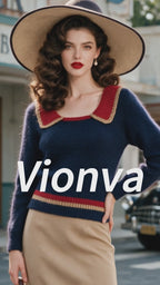 Vintage Navy Red Sailor-Collar Fuzzy Knit Sweater